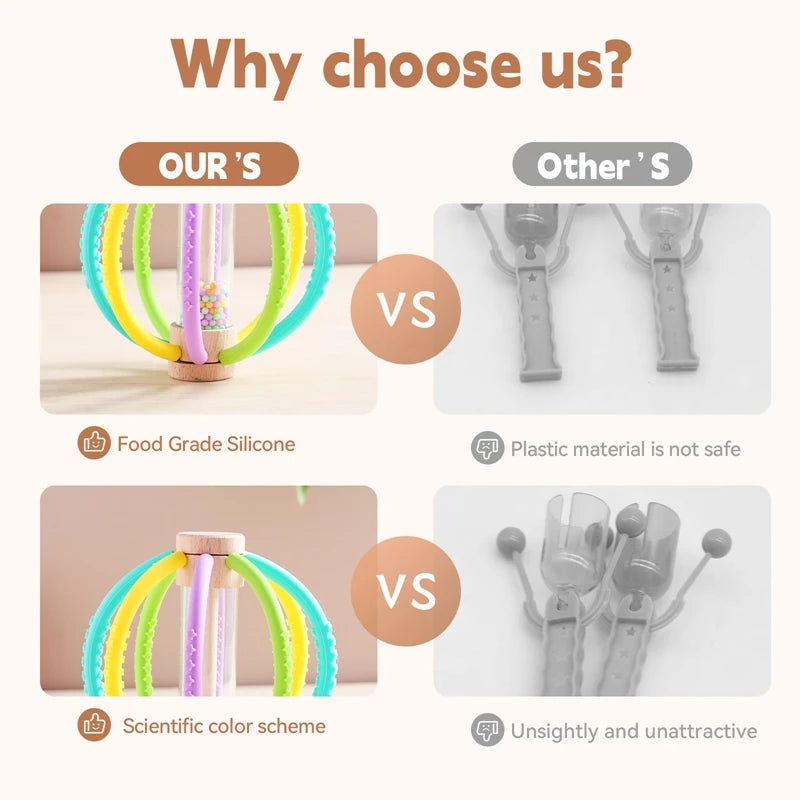 Hochet en bois naturel & silicone doux – jouet sensoriel et de dentition pour bébé