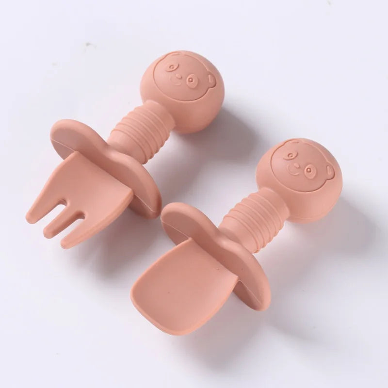 Lot de 2 ustensiles bébé – Cuillère et fourchette en silicone avec manche en bois