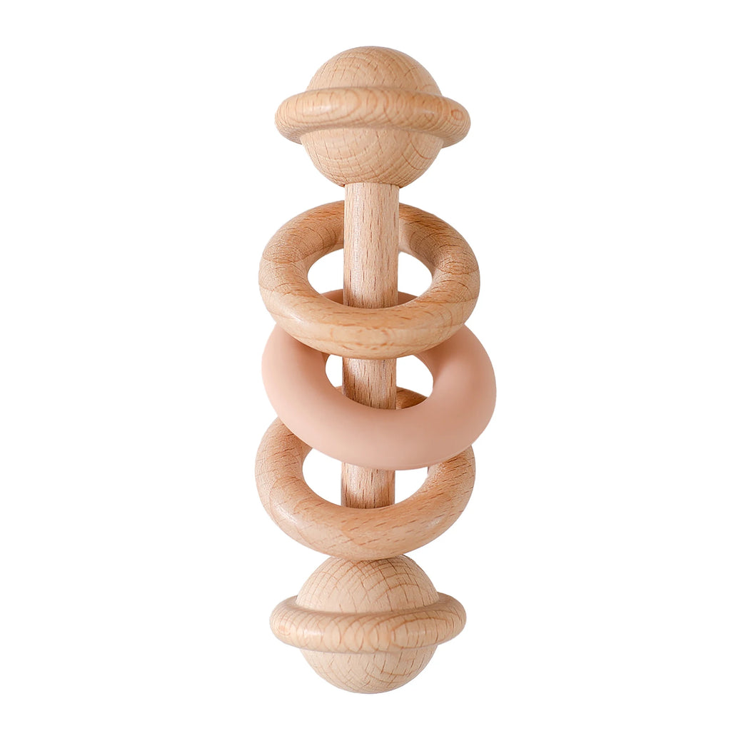 Hochet sensoriel en bois et silicone – jouet d’éveil 0–12 mois
