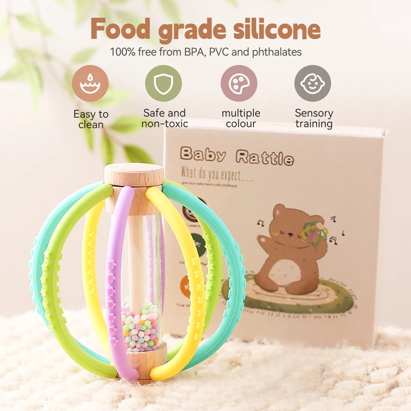 Hochet en bois naturel & silicone doux – jouet sensoriel et de dentition pour bébé