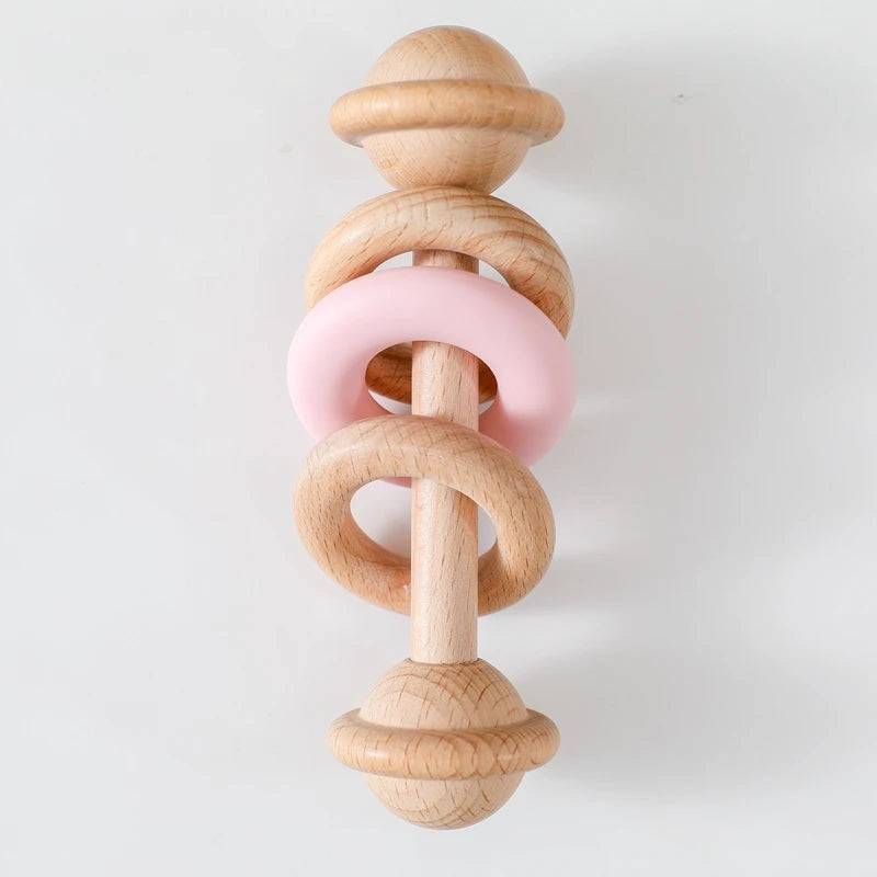 Hochet sensoriel en bois et silicone – jouet d’éveil 0–12 mois