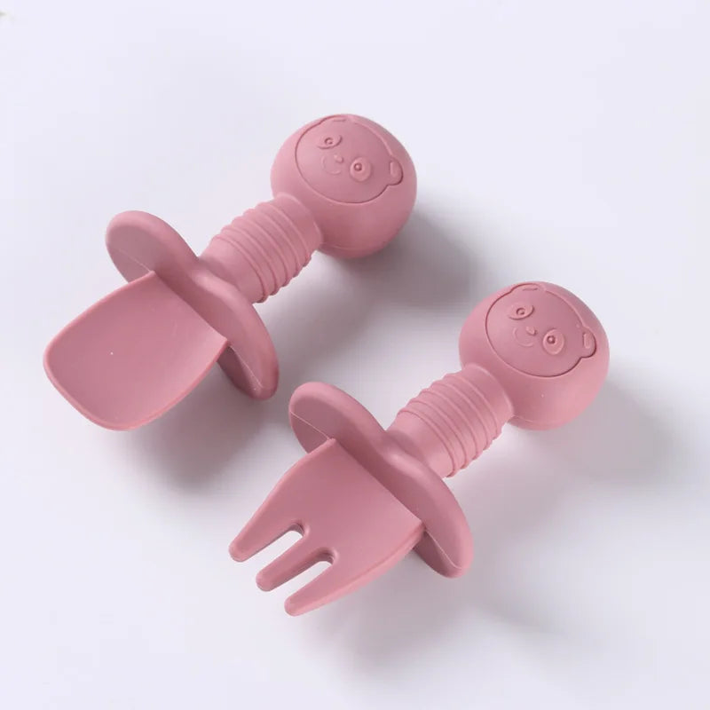 Lot de 2 ustensiles bébé – Cuillère et fourchette en silicone avec manche en bois