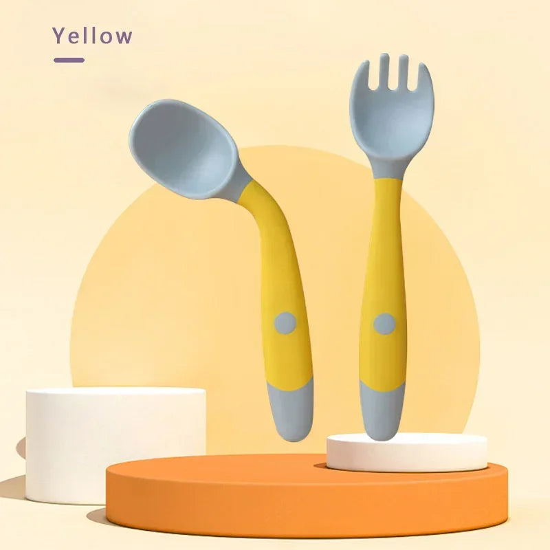 Set cuillère et fourchette bébé en silicone souple – Ustensiles d’apprentissage flexibles