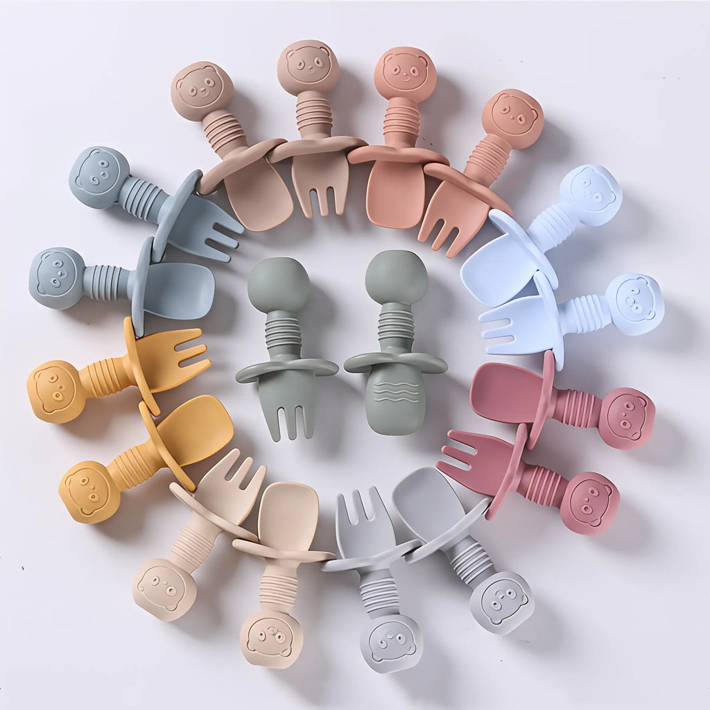 Lot de 2 ustensiles bébé – Cuillère et fourchette en silicone avec manche en bois