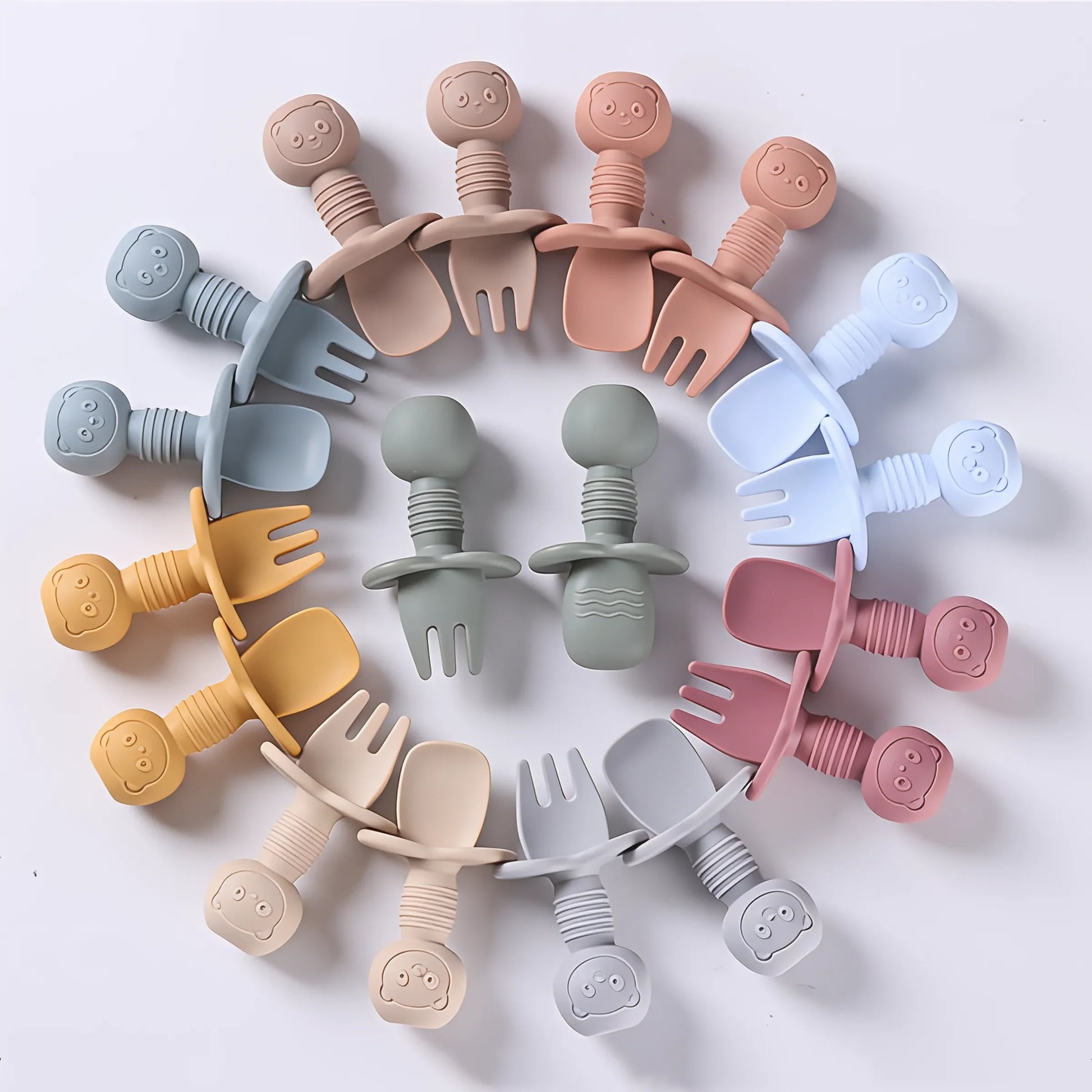Lot de 2 ustensiles bébé – Cuillère et fourchette en silicone avec manche en bois