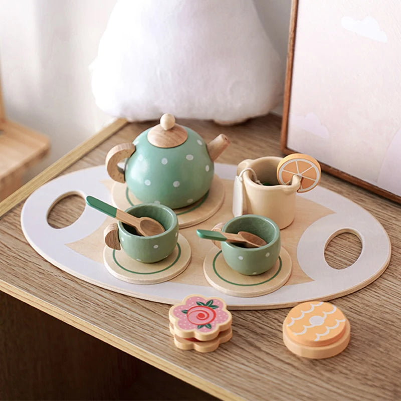 Service à thé en bois pour enfants – Jeu d’imitation éducatif | Accessoires cuisine & goûter