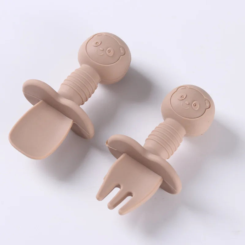 Lot de 2 ustensiles bébé – Cuillère et fourchette en silicone avec manche en bois