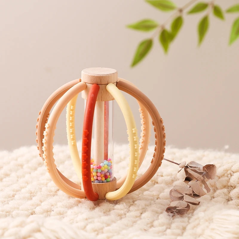 Hochet en bois naturel & silicone doux – jouet sensoriel et de dentition pour bébé