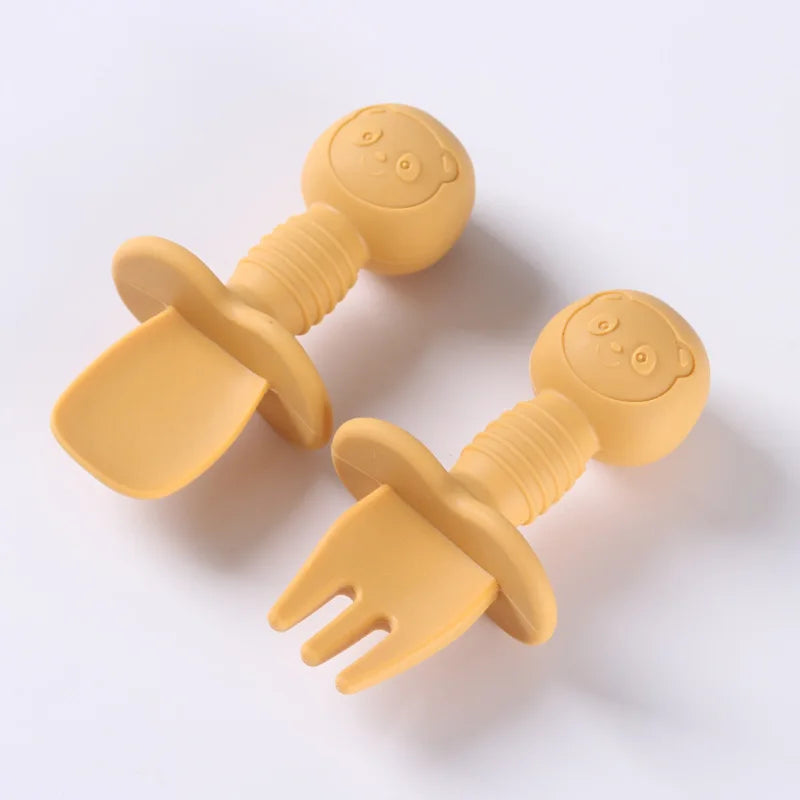 Lot de 2 ustensiles bébé – Cuillère et fourchette en silicone avec manche en bois