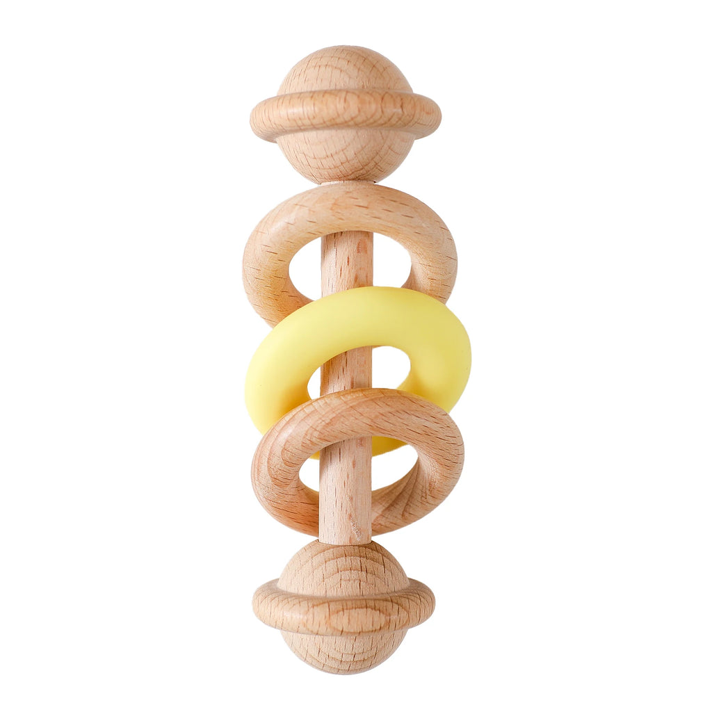 Hochet sensoriel en bois et silicone – jouet d’éveil 0–12 mois