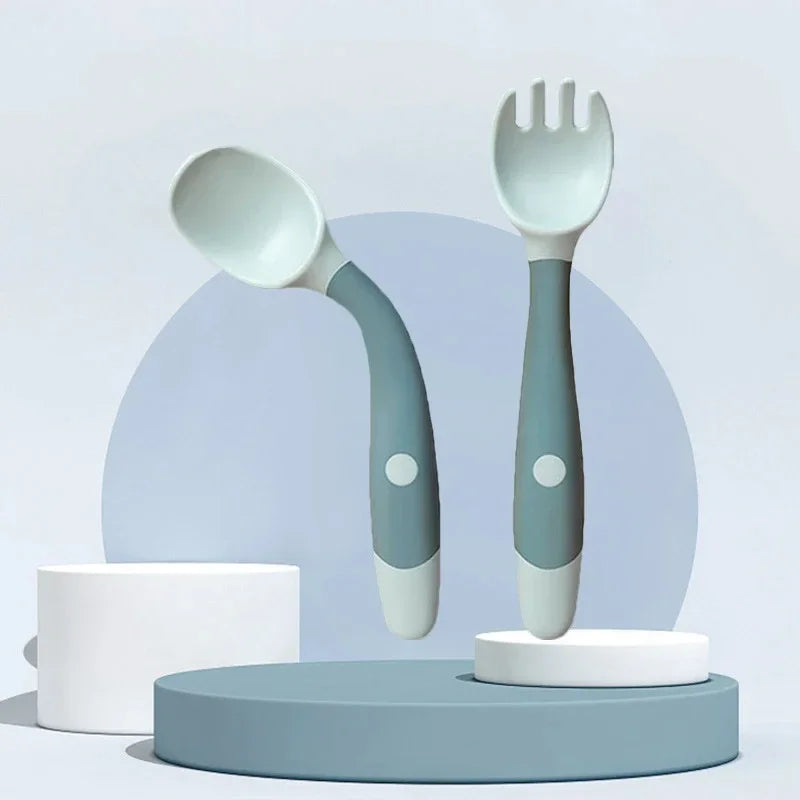 Set cuillère et fourchette bébé en silicone souple – Ustensiles d’apprentissage flexibles
