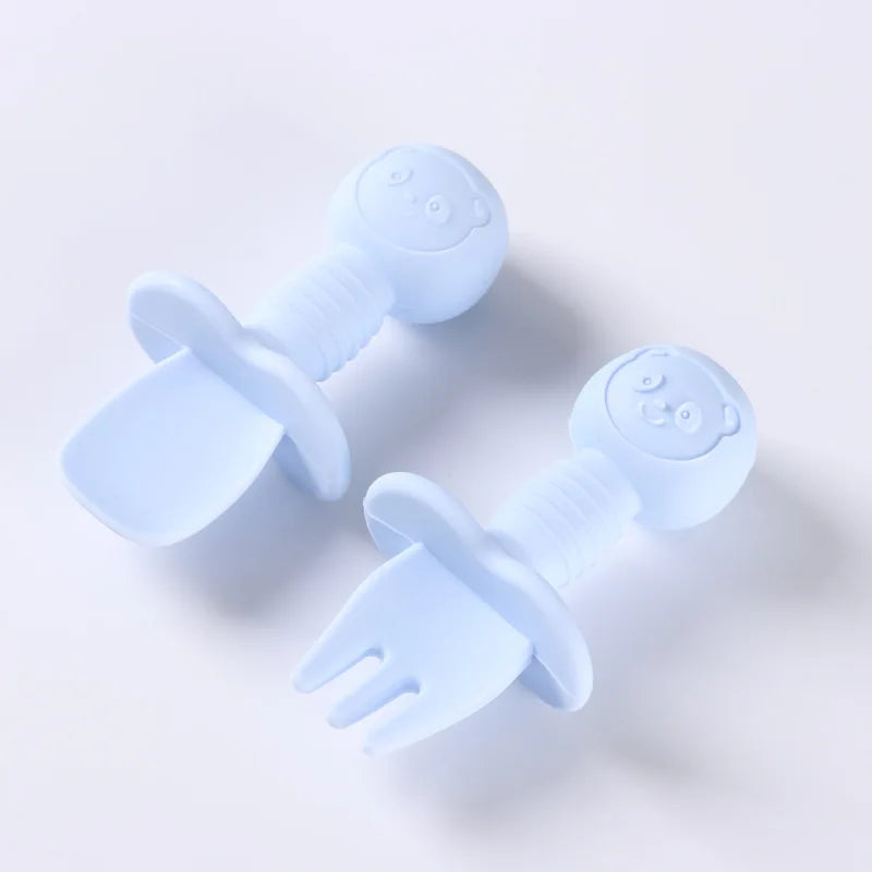 Lot de 2 ustensiles bébé – Cuillère et fourchette en silicone avec manche en bois