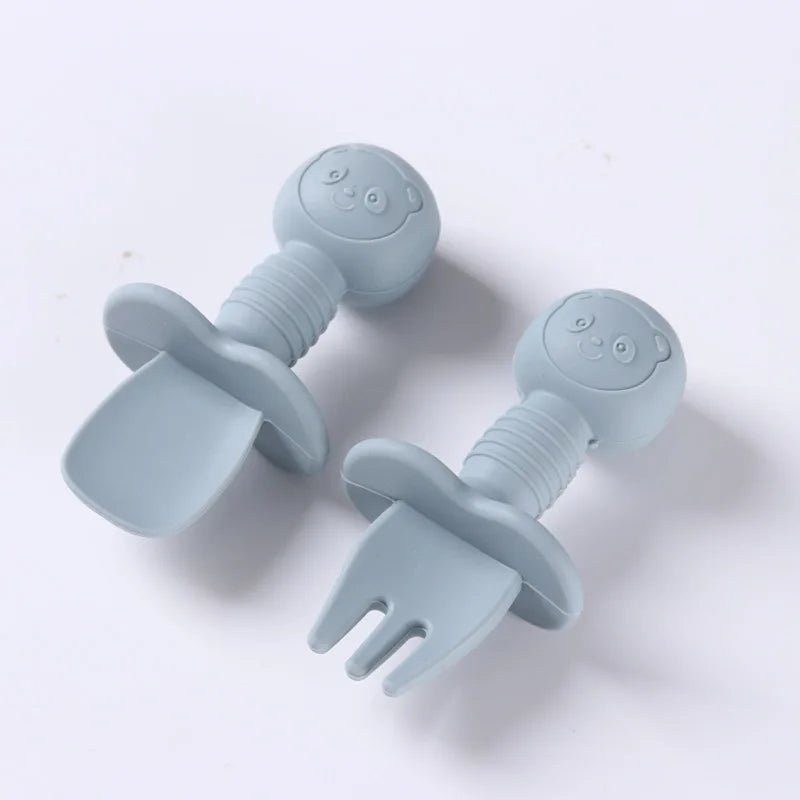 Lot de 2 ustensiles bébé – Cuillère et fourchette en silicone avec manche en bois