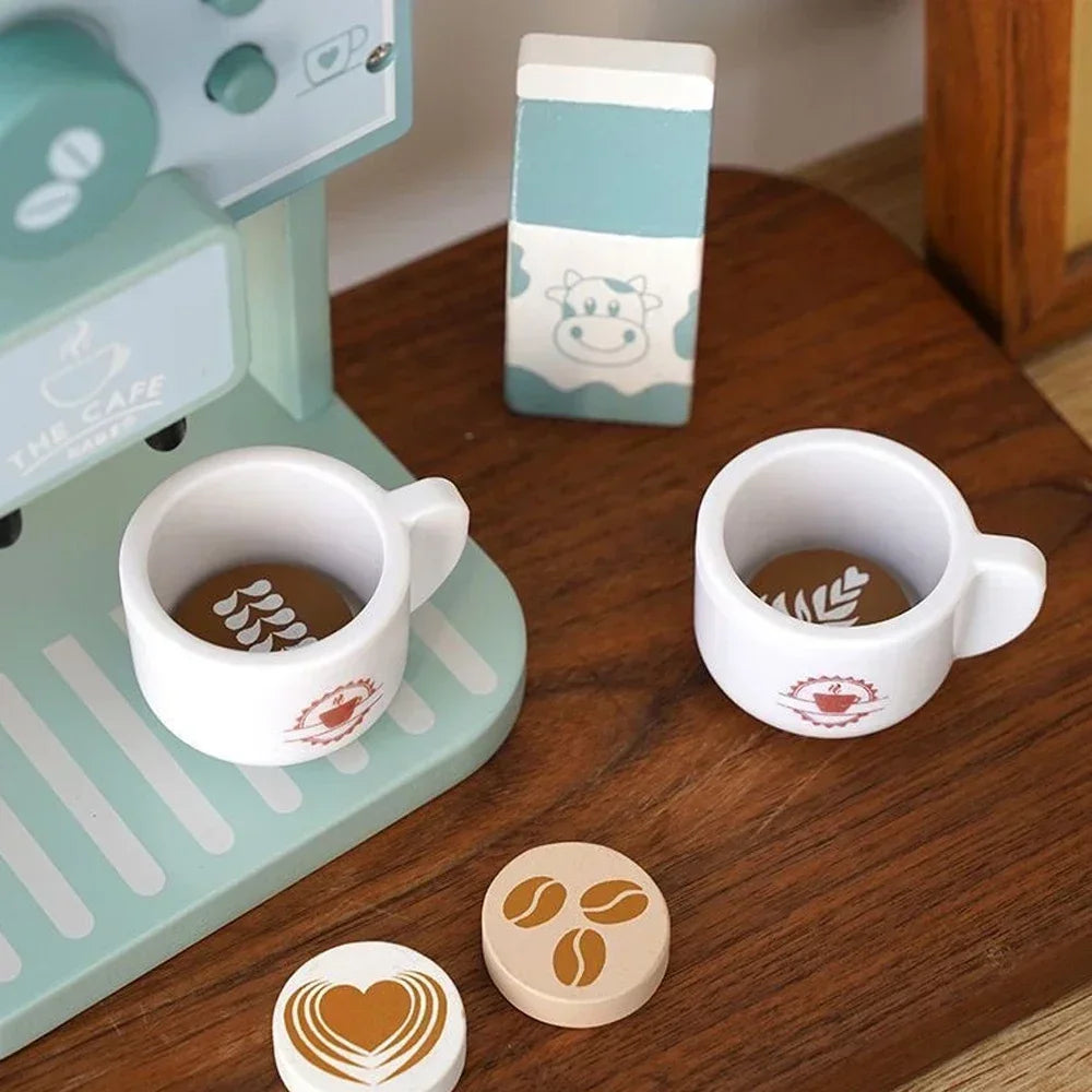 Imitation de machine à café en bois et préparation de biscuits.