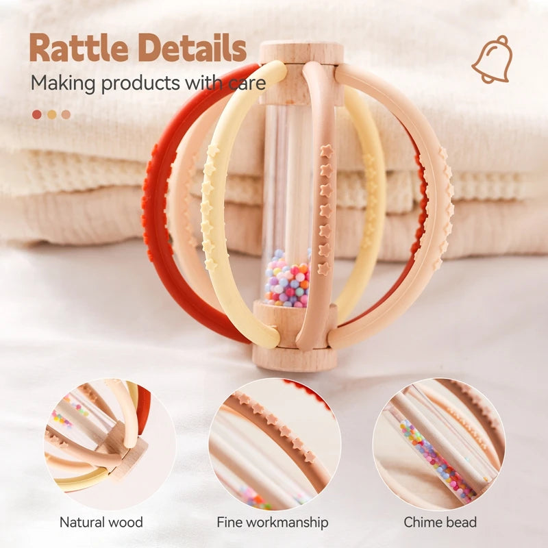 Hochet en bois naturel & silicone doux – jouet sensoriel et de dentition pour bébé