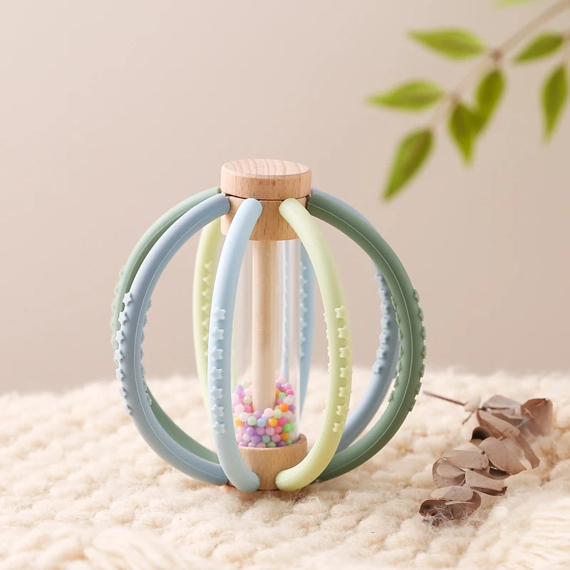 Hochet en bois naturel & silicone doux – jouet sensoriel et de dentition pour bébé