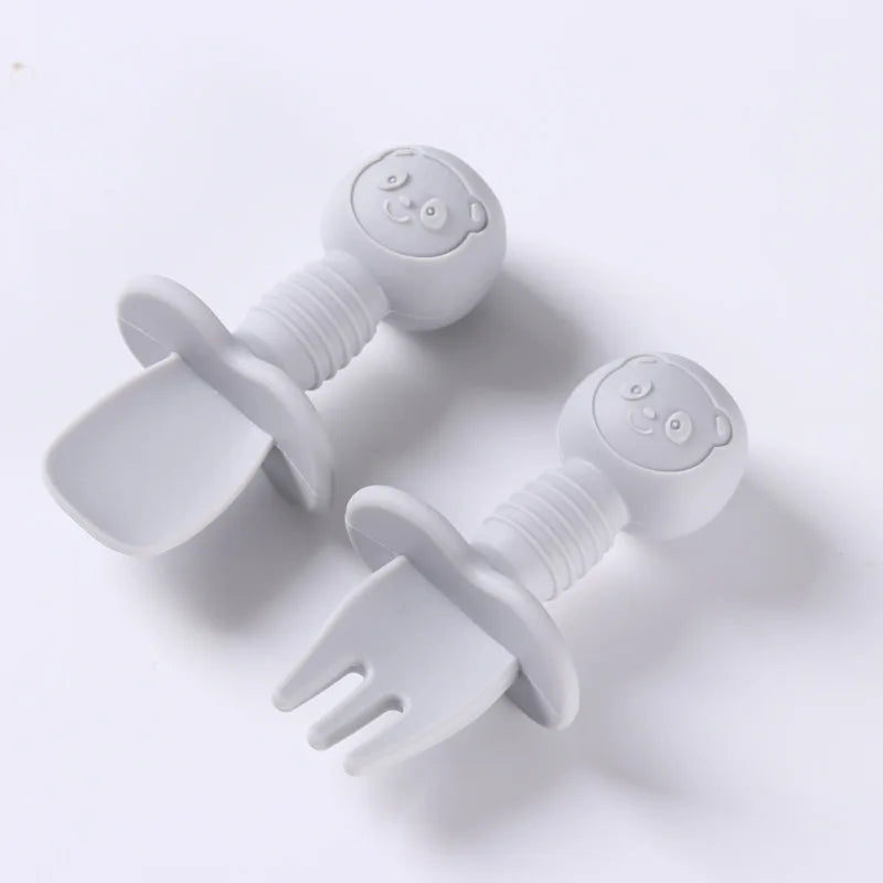Lot de 2 ustensiles bébé – Cuillère et fourchette en silicone avec manche en bois
