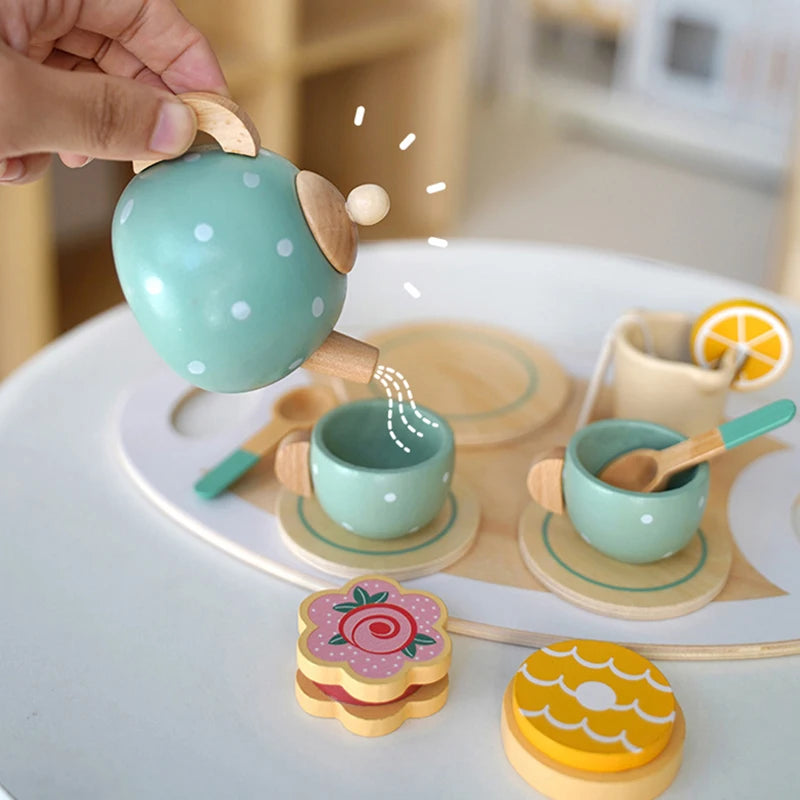 Service à thé en bois pour enfants – Jeu d’imitation éducatif | Accessoires cuisine & goûter