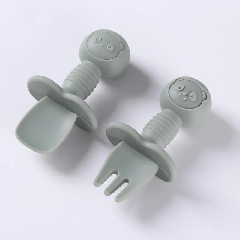Lot de 2 ustensiles bébé – Cuillère et fourchette en silicone avec manche en bois